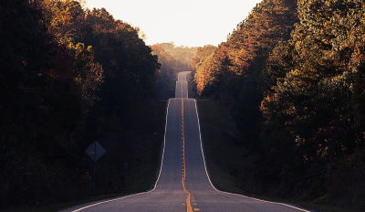 Undulating 2-lane road passing through a forest.